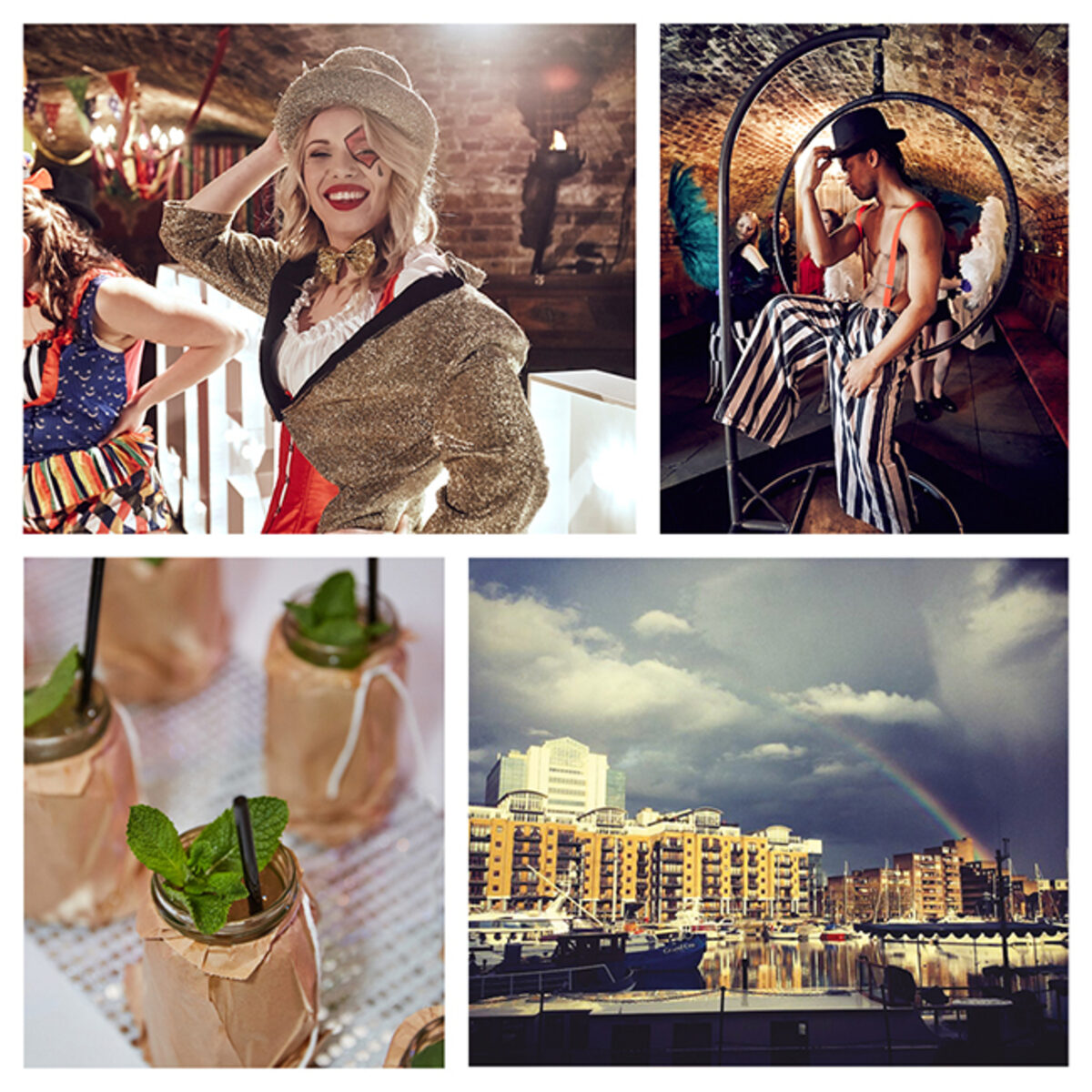 Events and venue experiences — performers, cocktails, and London dockside